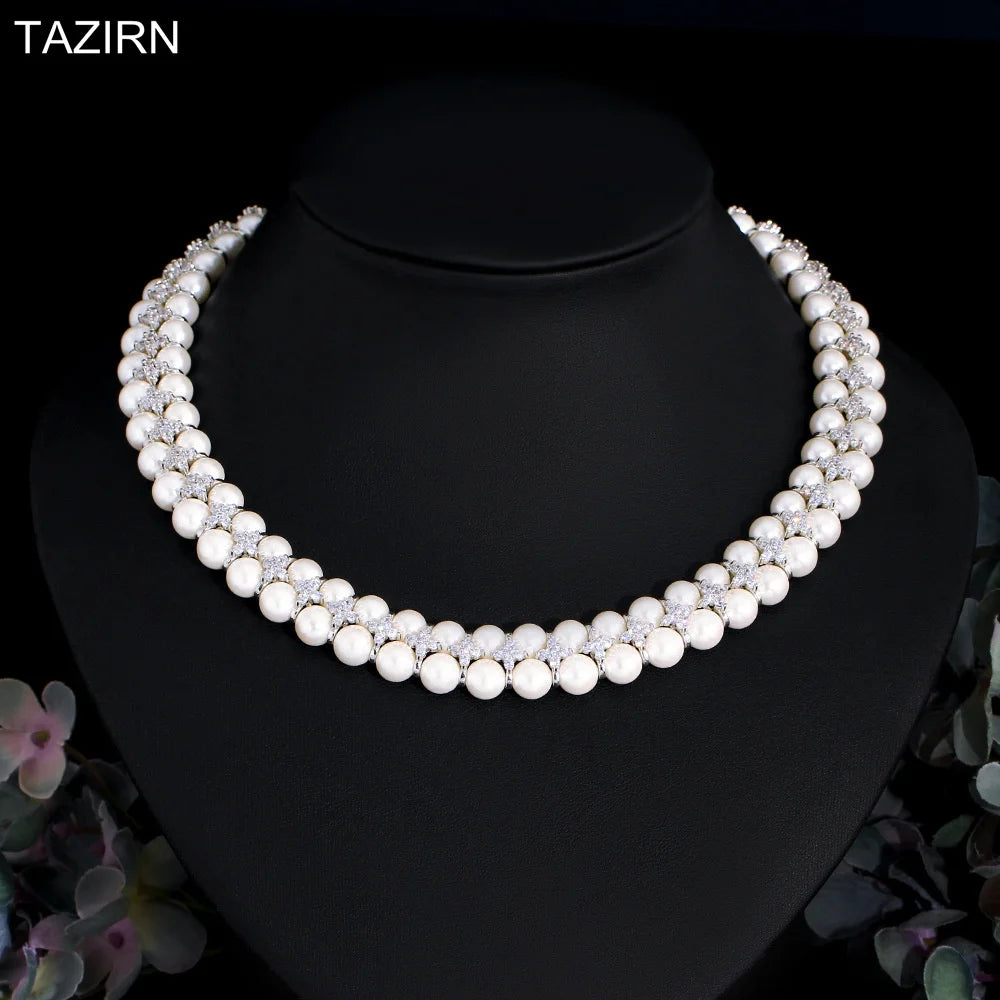 TAZIRN Arabia Dubai 5A Cubic Zirconia White Color Natural Pearls Necklace.