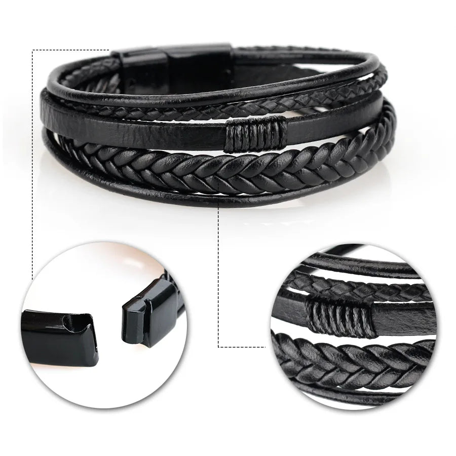 Trendy  Leather Bracelets Men Stainless Steel.