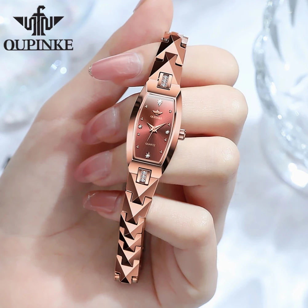 OUPINKE Luxury Brand Women Watches Tungsten Steel Strip Swiss Movement Diamond Inlay Watch for Lady Waterproof Fashion Sapphire