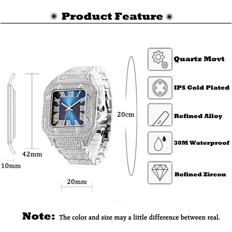 Quartz Watches Luxury Iced Out Diamond Blue Dial Square Watch For Men Women Party Jewelry Waterproof Unisex Clock Lover Gift