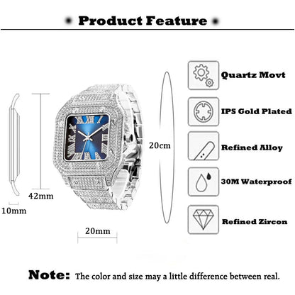 Quartz Watches Luxury Iced Out Diamond Blue Dial Square Watch For Men Women Party Jewelry Waterproof Unisex Clock Lover Gift