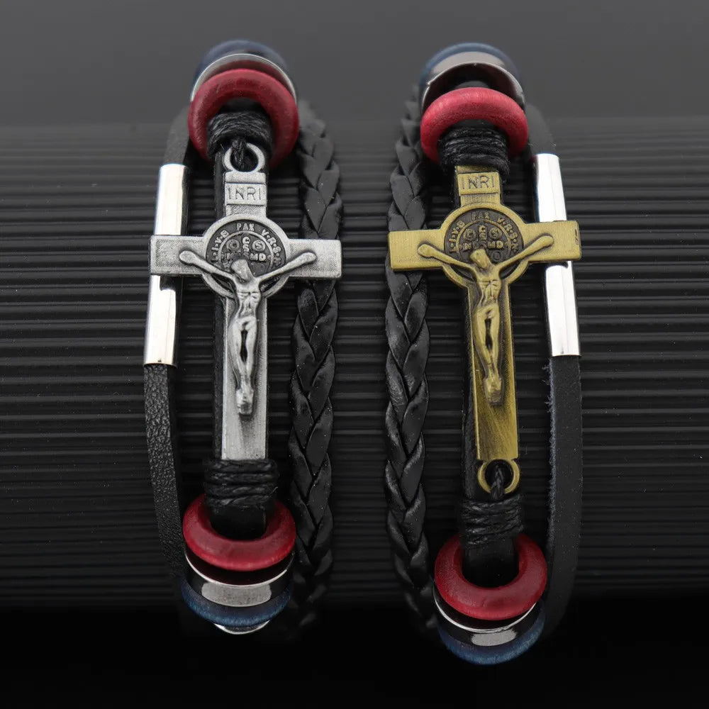 Trendy Retro Multi-layer Leather Woven Cross Jesus Bracelets Fashion Charm Men Bracelets Religious Amulet Jewelry Accessories