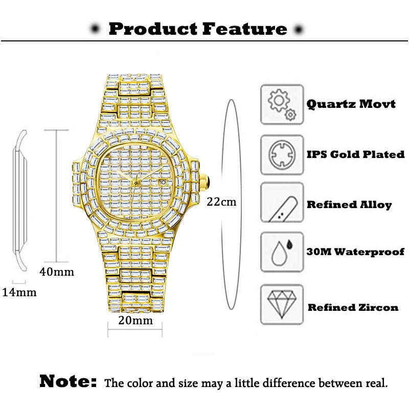 Men's Gold Quartz Watch Luxury Classic Stylish Square Baguette Diamond Wristwatches For Men Calendar Waterproof Hand Clock New