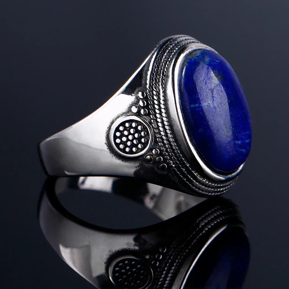 Sterling Silver 925 Ring Natural Big Oval Lapis Rings for Men Women Retro Luxury Fine Jewelry Party Anniversary Gift