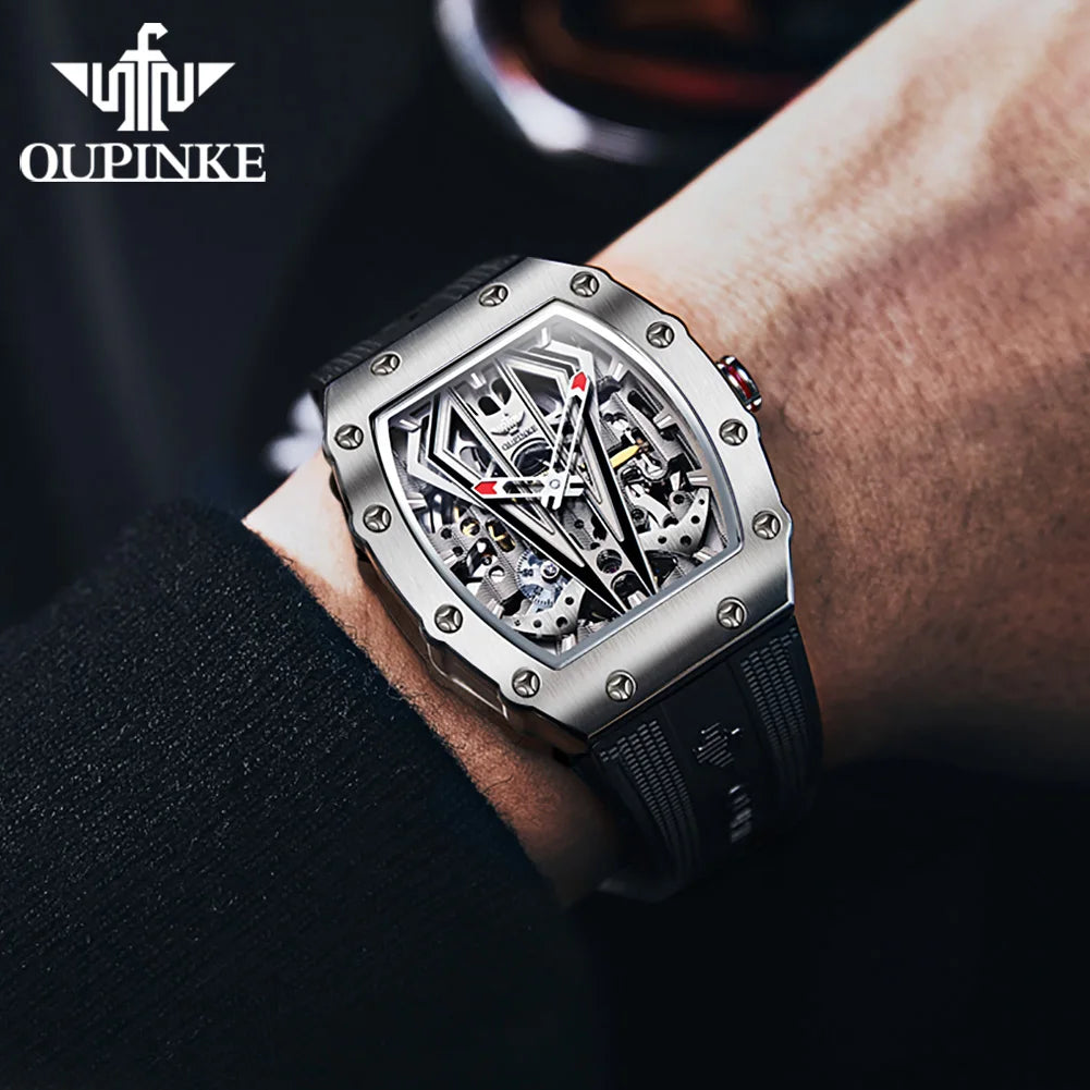 OUPINKE 3179 Automatic Watch for Men Silicone Strap Sapphire Mirror Waterproof Skeleton Mechanical Men&