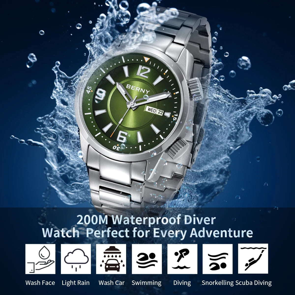 BERNY Diver Men Watch Automatic Wristwatch.