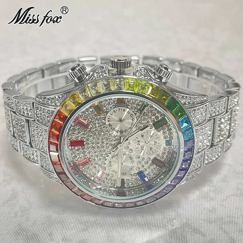 2022 Luxury Brand MISSFOX Gold Hip Hop Watches Men Fashion Rainbow Diamond Waterproof Smart Watch Full Steel Sports Clocks Male