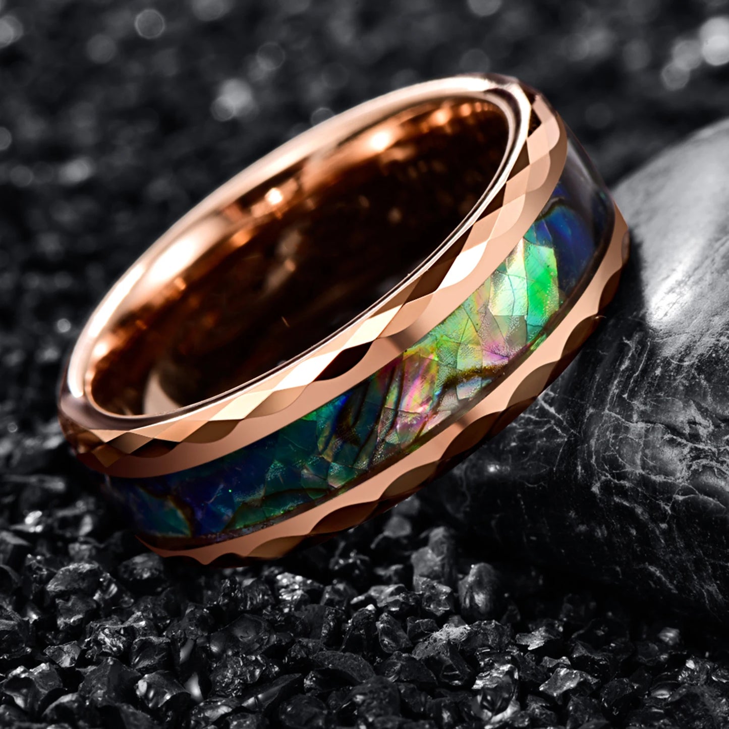 Tungsten Carbide Ring Plating Rose Gold Batch Flower Inlaid Abalone Shell Opal Men's Ring Jewelry