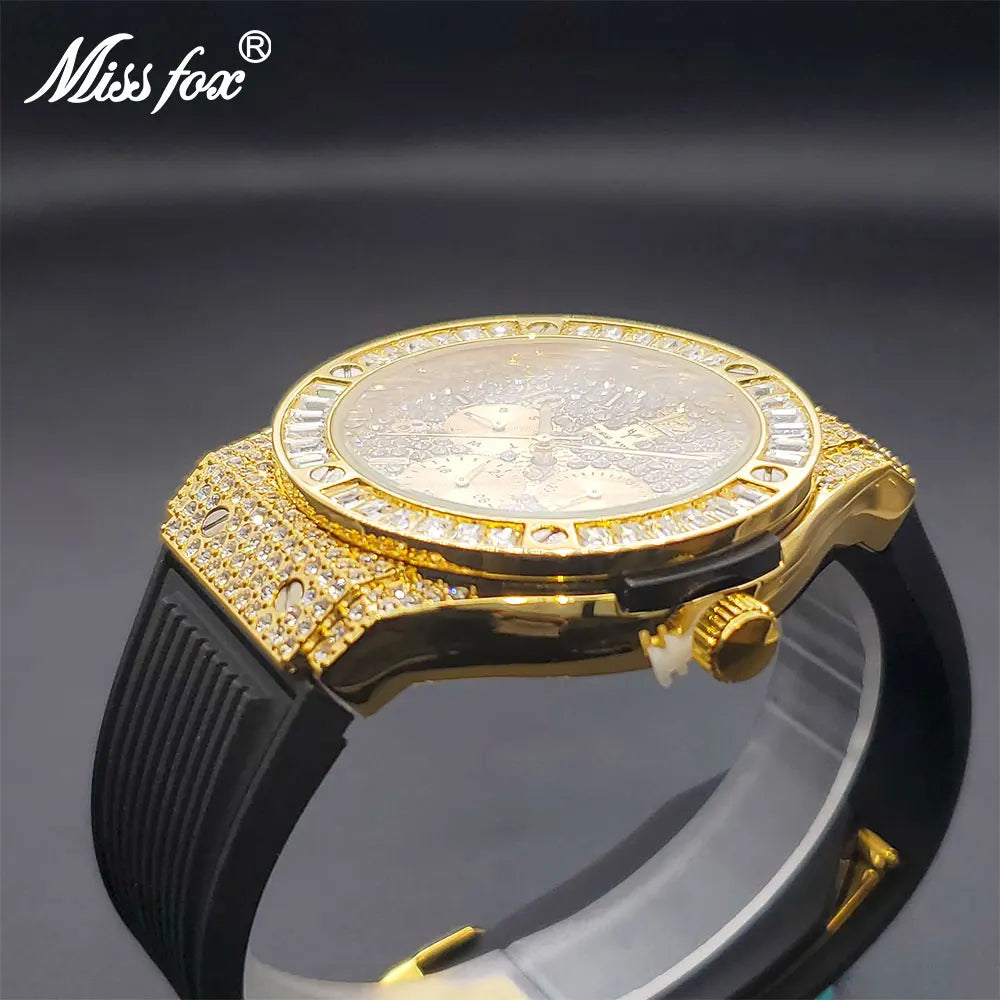 Men's Sports Watches Gold Luxury Design Waterproof Big Man Quartz Watch Ice Drop Dial Chronograph Wristwatches Dropshipping