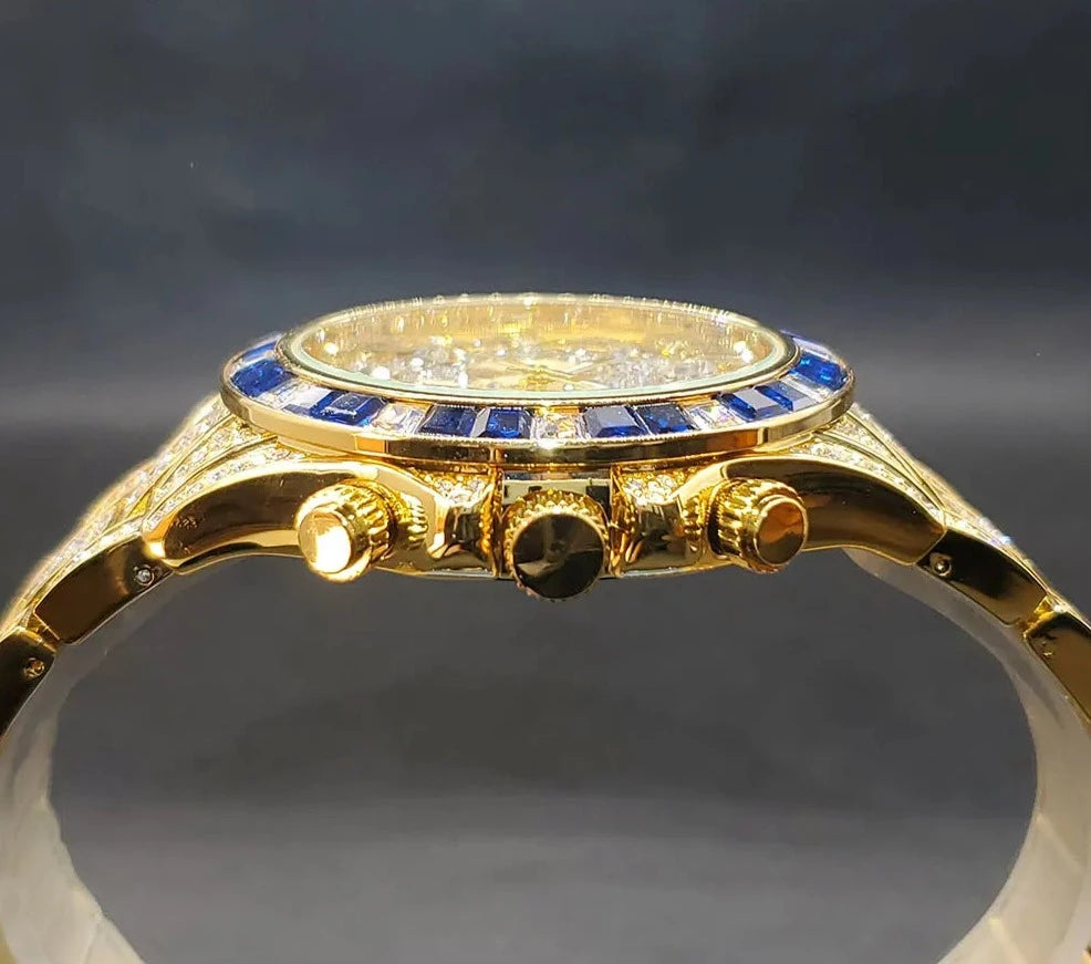 Gold Men Watch With Dark Blue Diamond.