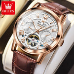 OLEVS Original Automatic Watch for Men Chronograph Mechanical Wristwatch Leather Band Moon Phase Calendar Man Watch Top Brand