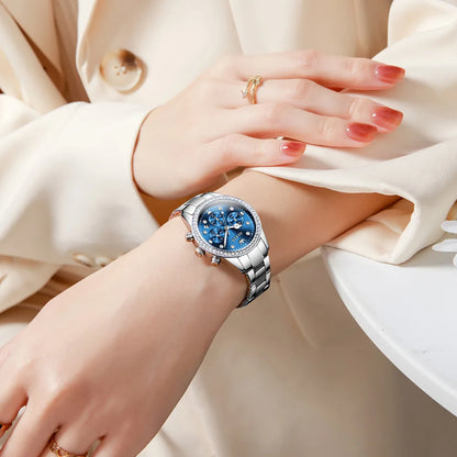 OLEVS Diamond Women Watch Silver Blue Ladies.