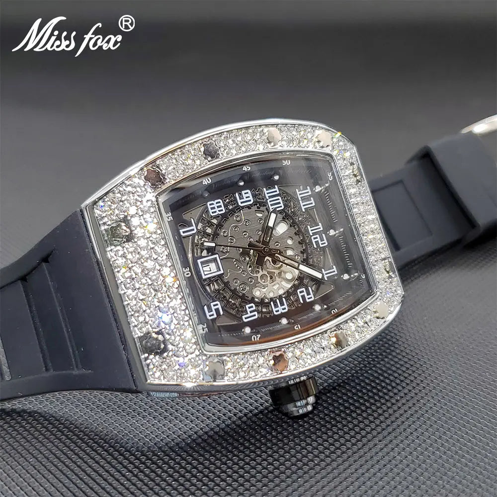 Luxury Watch For Men Large Wrist Full AAA Cuban Zircon Iced Out Star Case Quartz Watches Silcone Strap Calendar Male Dropship