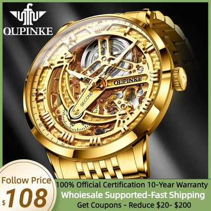 OUPINKE Men Watches Luxury Automatic Mechanical Self Winding Skeleton 5ATM Waterproof Sapphire and Tungsten Steel Wrist Watch