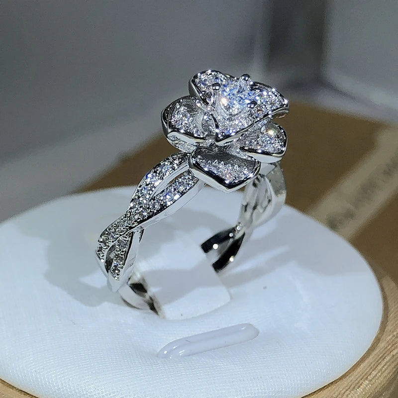 Sterling Silver Rose Ring White Zircon Full Diamond.