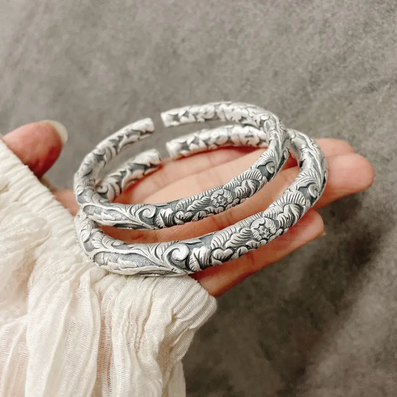 BOCAI Real S999 Silver Jewelry Retro Ethnic Style Carved Three-Dimensional Peony Flowers Men and Women Bracelets Birthday Gift