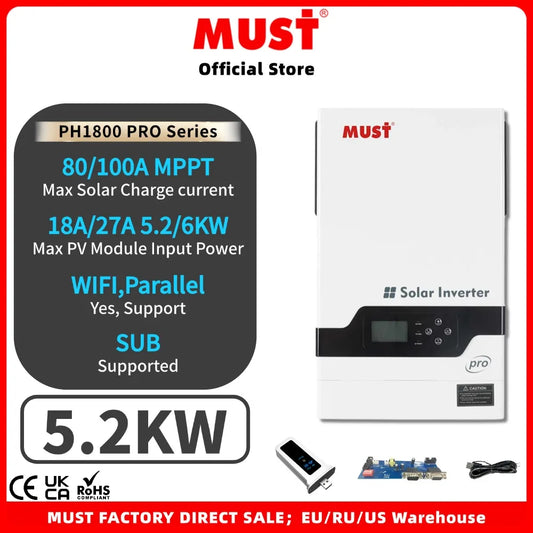 MUST PV1800 PH1800 PRO 450V 5.2KW 48V On Off Grid Hybrid Solar Inverter PV Input 6000W  MPPT 100A Charger SUB Mode