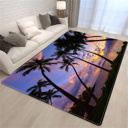 Palm Tree Sea Beach 3D Carpet Living Room Sofa Table Rug Soft Sponge Bedroom Bedside Rug Dining Carpet Rug for Bath Decoration