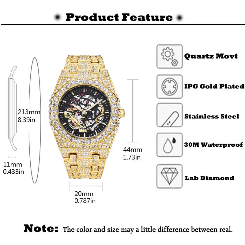 Iced Out Men's Automatic Watch Hip Hop Luxury Diamond Mechaincal Watches For Male Large Octagon Dial Waterproof Hand Clock Man