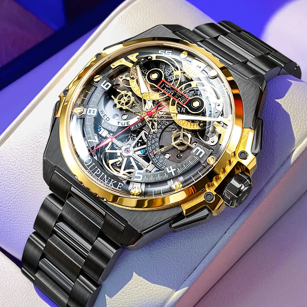 OUPINKE 3266 Luxury Hollow Men Automatic Mechanical Watch High Italian Designer Collaboration Design Date Timing Code Men Watch