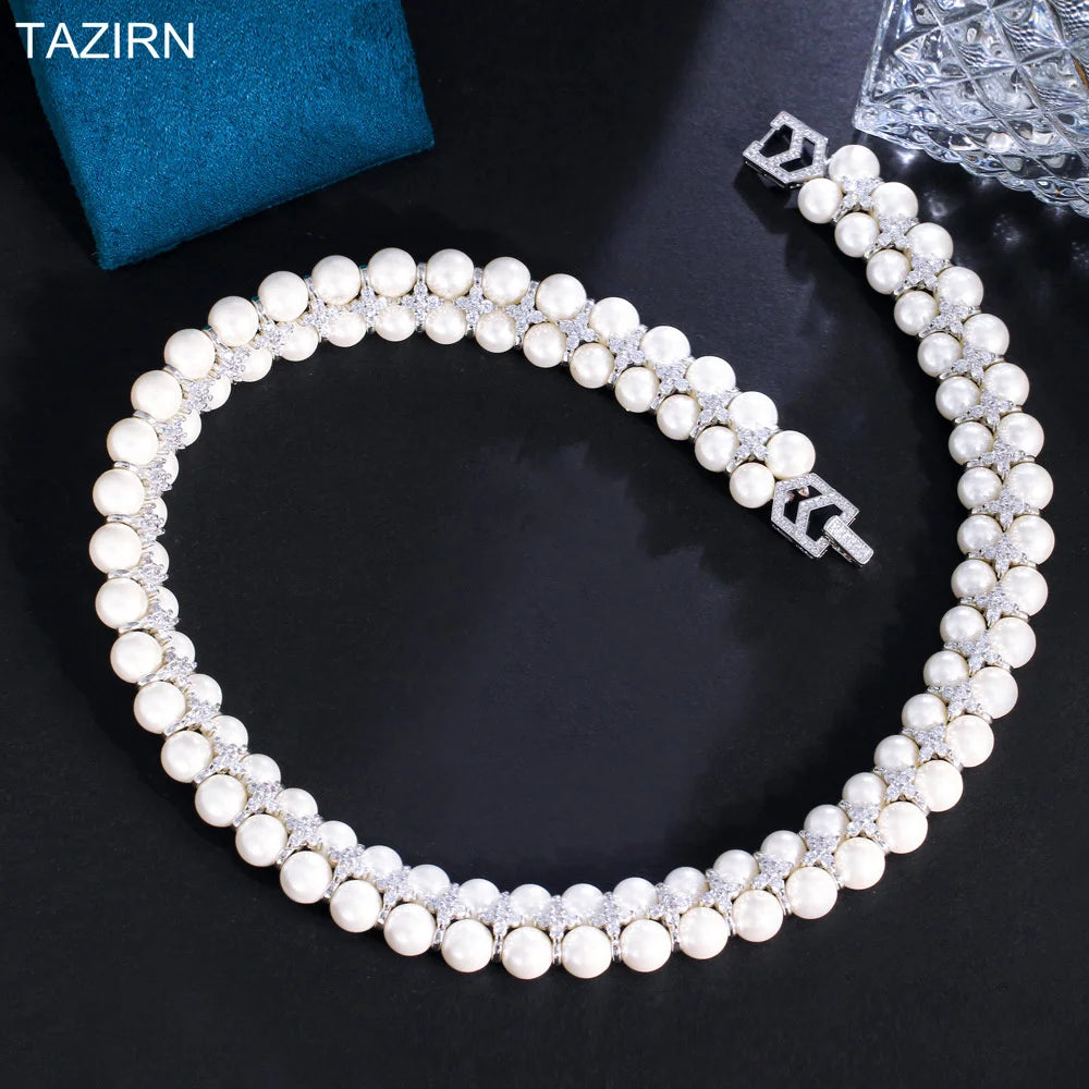 TAZIRN Arabia Dubai 5A Cubic Zirconia White Color Natural Pearls Necklace.