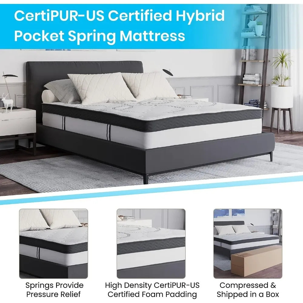 Mattress Comfortable Sleep 12 Inch CertiPUR-US Certified Hybrid Pocket Spring Mattress, Queen Mattress in A Box