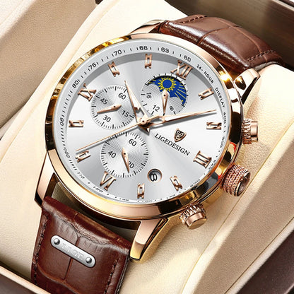 LIGE Men Watch Luxury Leather Waterproof Sport/