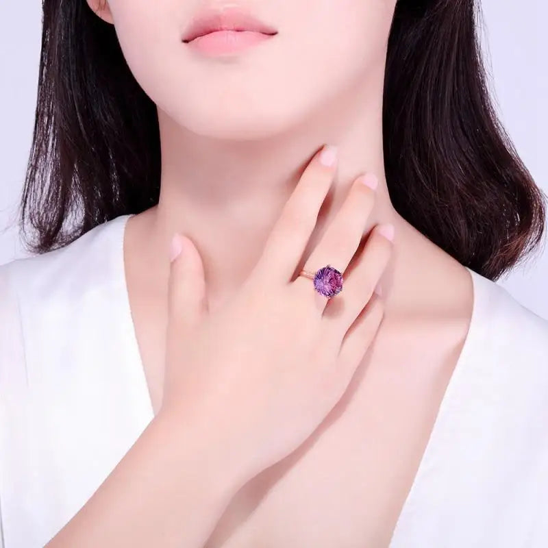 HOYON 18K Rose Gold Colorful Brazilian Natural amethyst Ring Six claw Temperament Colorful Gem Diamond Style Ring Opening Ring