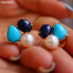 KQDANCE 925 Sterling Silver with white Pearl Blue Real Natural Stone Turquoise Lapis Earrings Gold plated Fine Jewelry For Women