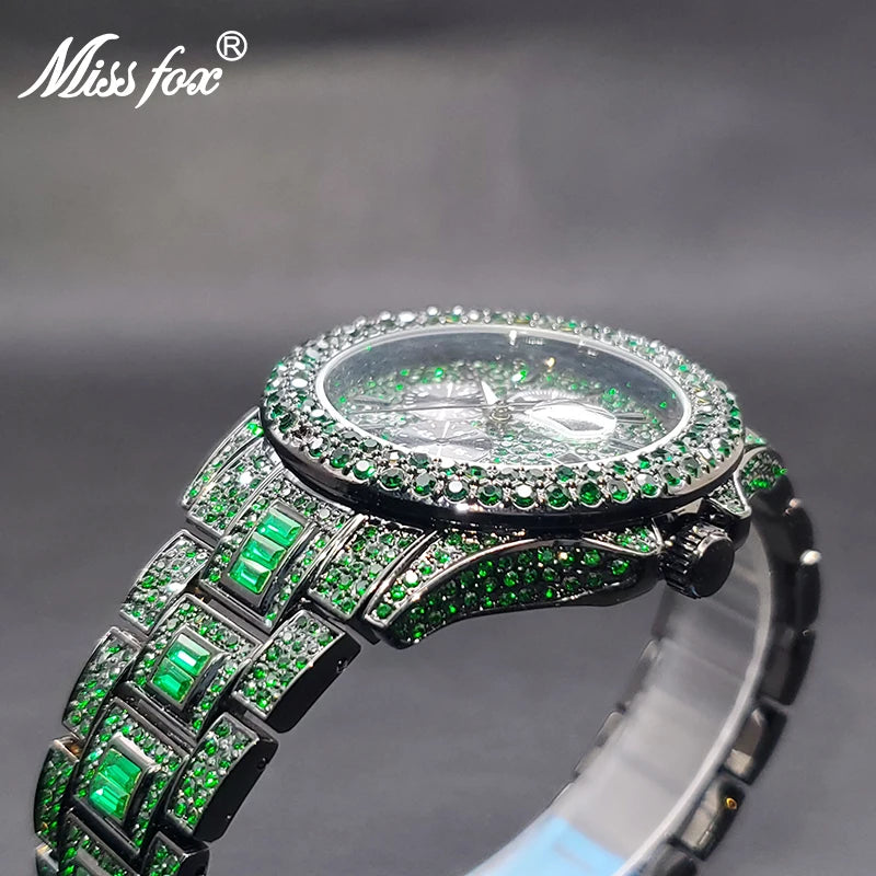 Green Quartz Watch For Men Hip Hop Iced Out Zircon Luxury Party Jewlry Watches With Calendar Male Hand Clock Decorative Dials