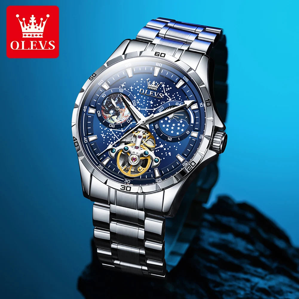 OLEVS Original Brand Men's Watches Waterproof Multifunctional Luminous Fully Automatic Mechanical Watch Moon Phase Starry Disk