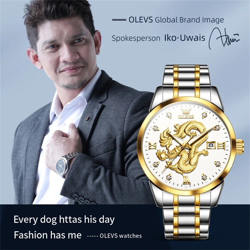 OLEVS Luxury Brand New Men's Watches Dragon Waterproof Domineering Quartz Watch Stainless Steel Strap Original Male Wristwatch