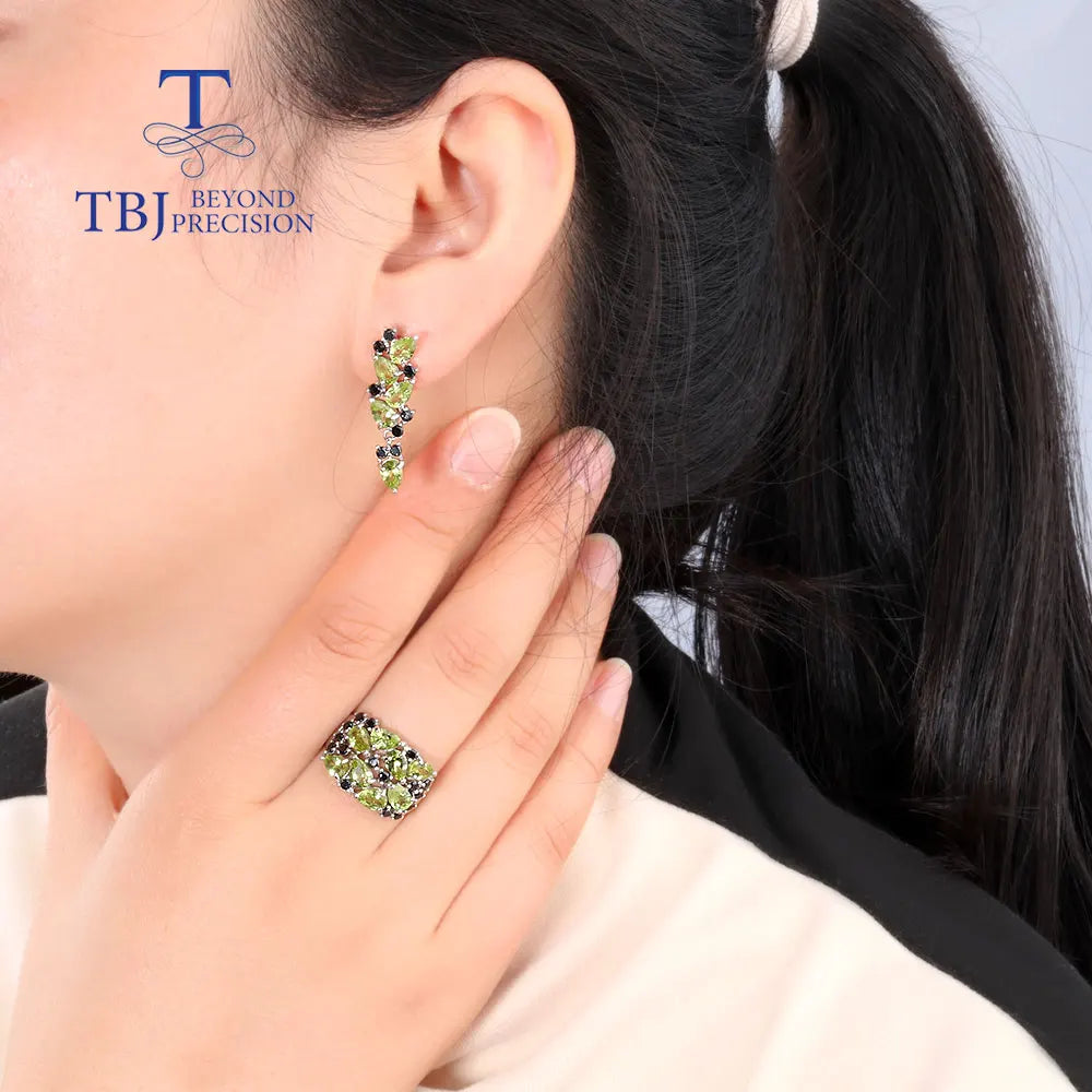 Fashion Peridot Jewelry set natural Gemstone Earring Ring 925 steling siver fine jewelry for women nice gift