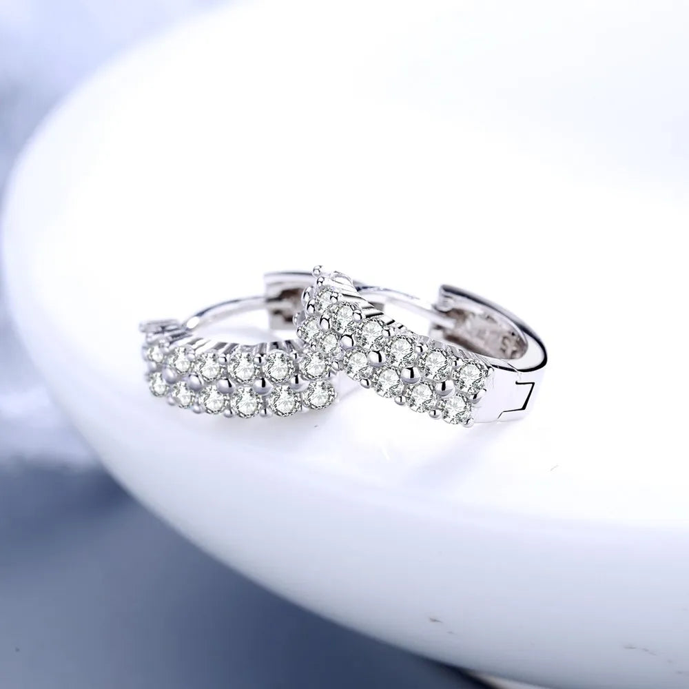 High Quality 925 Sterling silver Double row crystal Round Earrings Stud for women Fashion designer Jewelry Couple Gifts