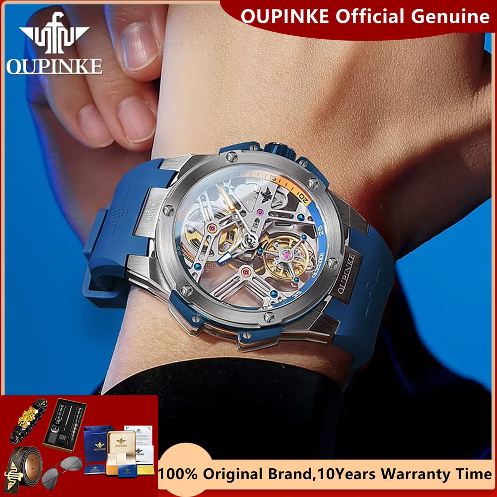 OUPINKE Tourbillon Watch for Men Luxury High- Grade Automatic Mechanical Wristwatch Silicone Strap Waterproof Men&