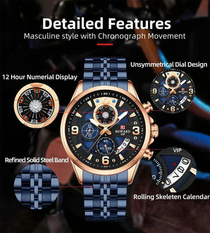 REWARD New Mens Watches Stainless Steel Luxury Waterproof Chronograph