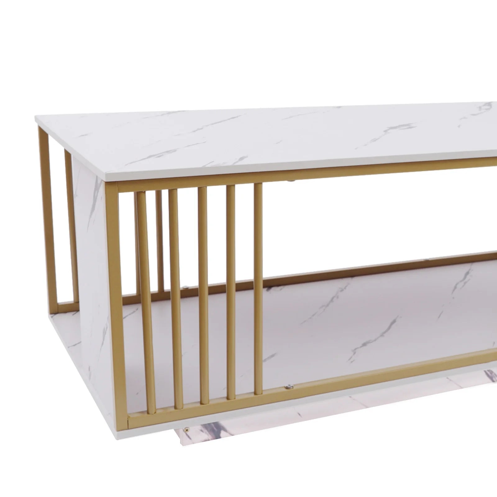 Modern 2-Tier White+Gold Coffee Table: Sleek Elegance and Functional Design.