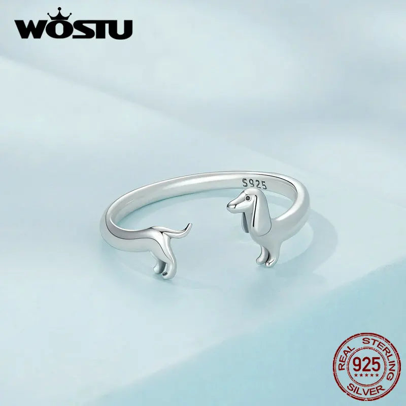 Real 925 Sterling Silver Cute Dachshund Dog Adjustable Rings for Women Original Open Animal Ring Fine Family Jewelry Gift