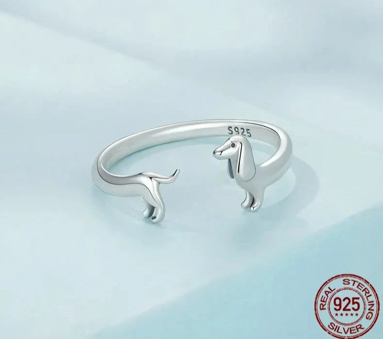 Real 925 Sterling Silver Cute Dachshund Dog Adjustable Ring.