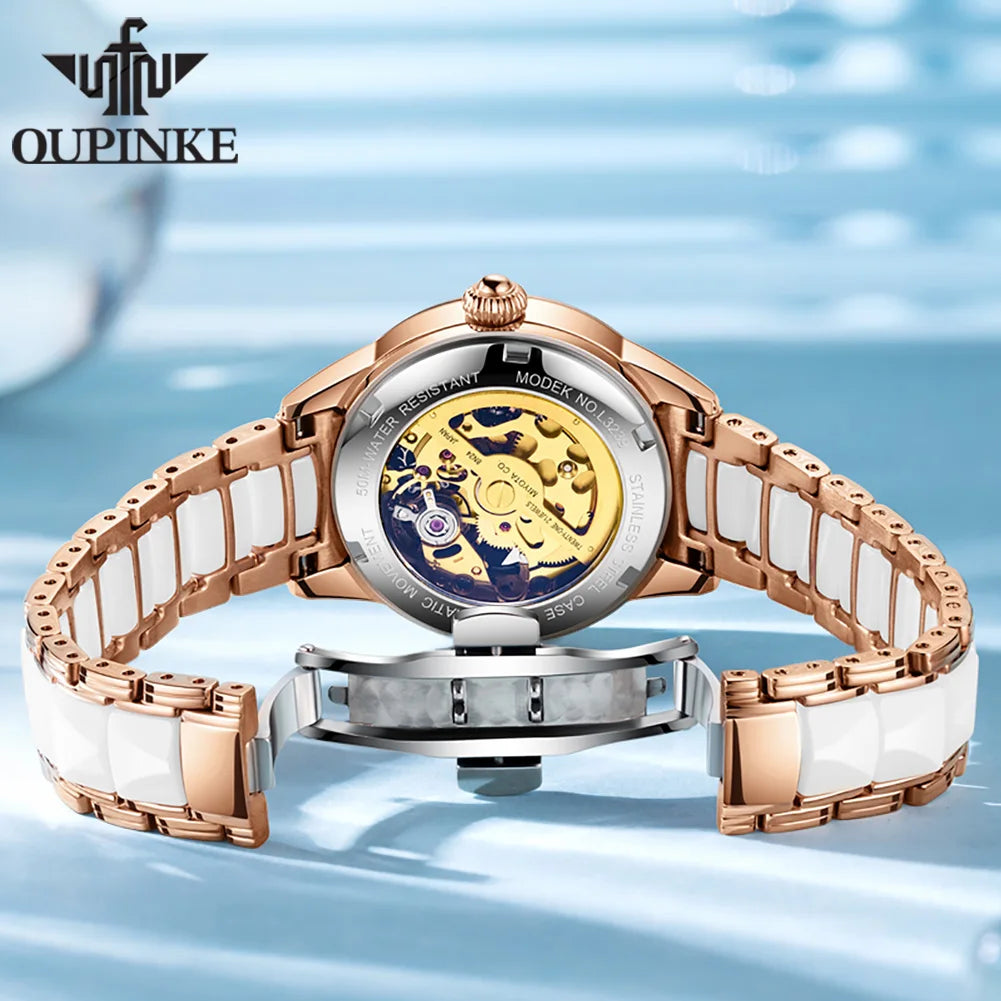 OUPINKE 3239 Hollow Skeleton Mechanical Watch For Women Top Brand Luxury Original Wristwatch Synthetic Sapphire Mirror Watches