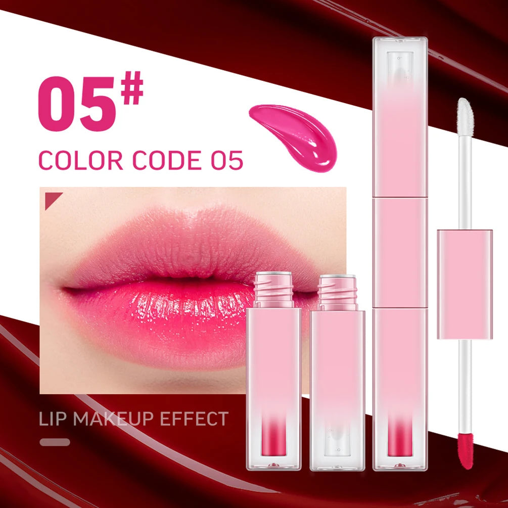 Custom 7colors Gradient Pink Tube Lipgloss Non-stick Cup Matte Waterproof 2in1 Double-head Long Lasting Hydrating Lip Oil Makeup