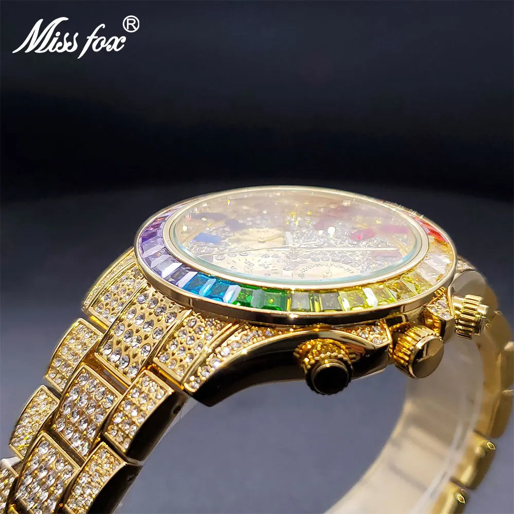 Men Luxury Watch With Rainbow Diamond Glittery Iced Quartz Watches For Man Hip Hop Auto Stylish Calendar Hand Clock High Quality