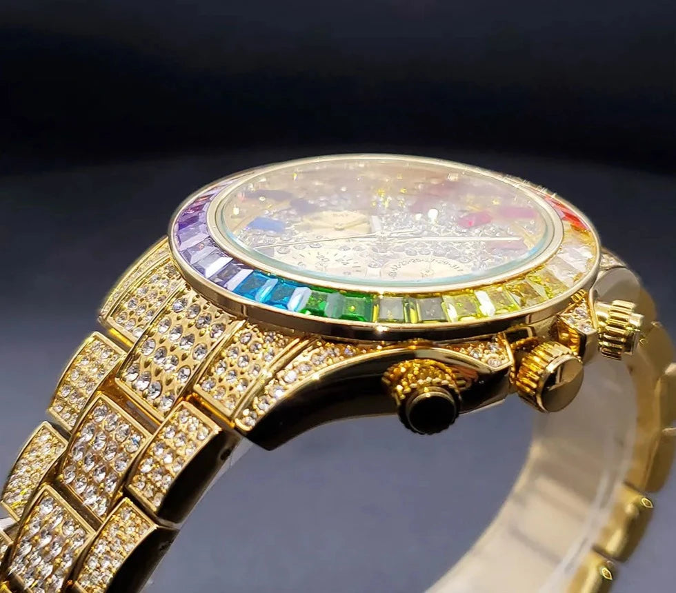 Men Luxury Watch With Rainbow Diamond.