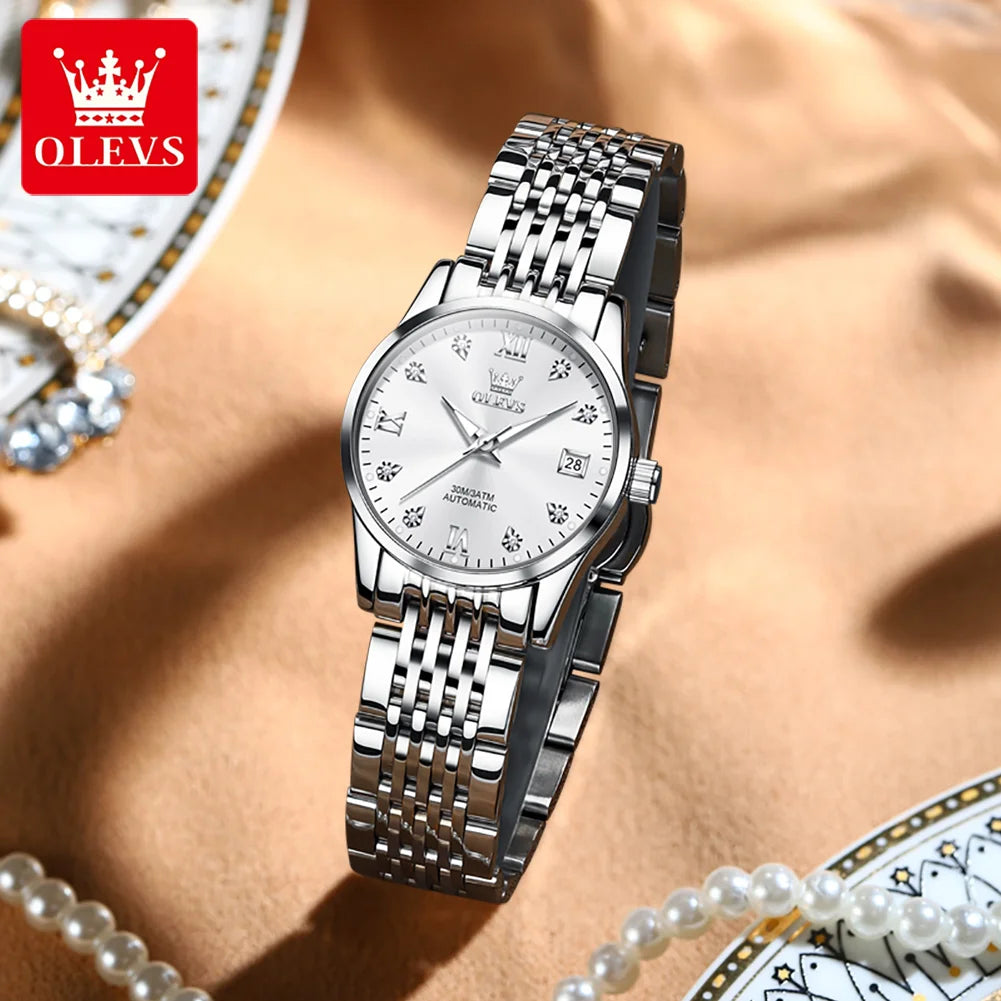 OLEVS Women's Mechanical Watch Bracelet Sets Classic Silver Watchstrap Ladies Wristwatches Elegant Luxury Brand Watch for Women