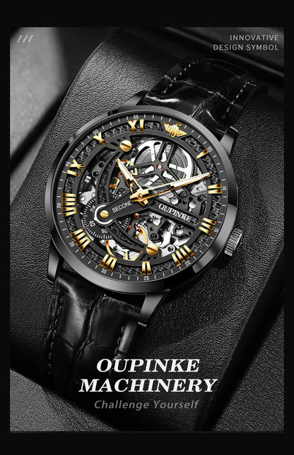 OUPINKE Men Watches Luxury Automatic Mechanical Self Winding Skeleton 5ATM Waterproof Sapphire and Tungsten Steel Wrist Watch