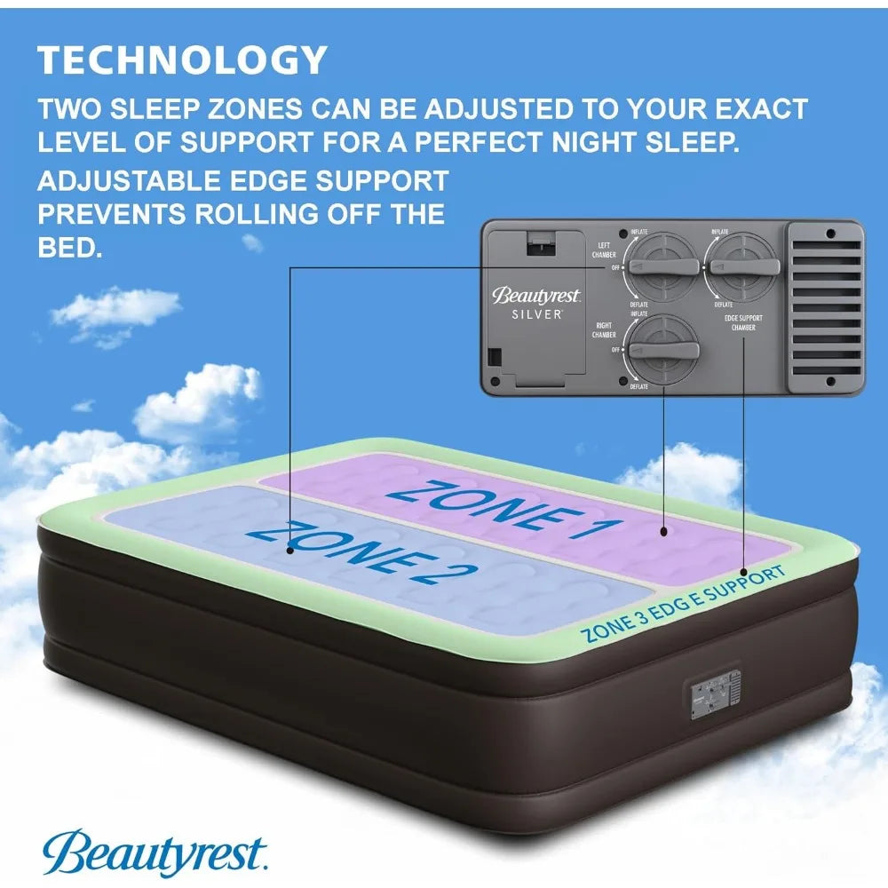 Silver 18" Duet Air Mattress, Queen Size - Dual Control Sleep Zones, Edge Support, High-Speed Pump, Ideal for Camping & Guests,