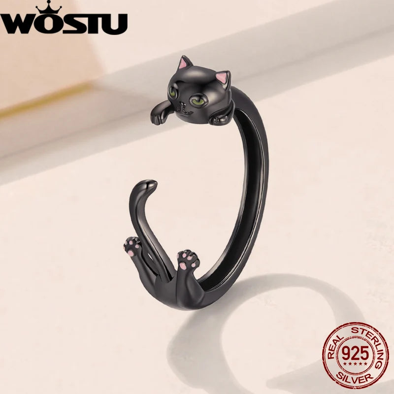 Adjustable Silver Creative Black Cat Engagement.