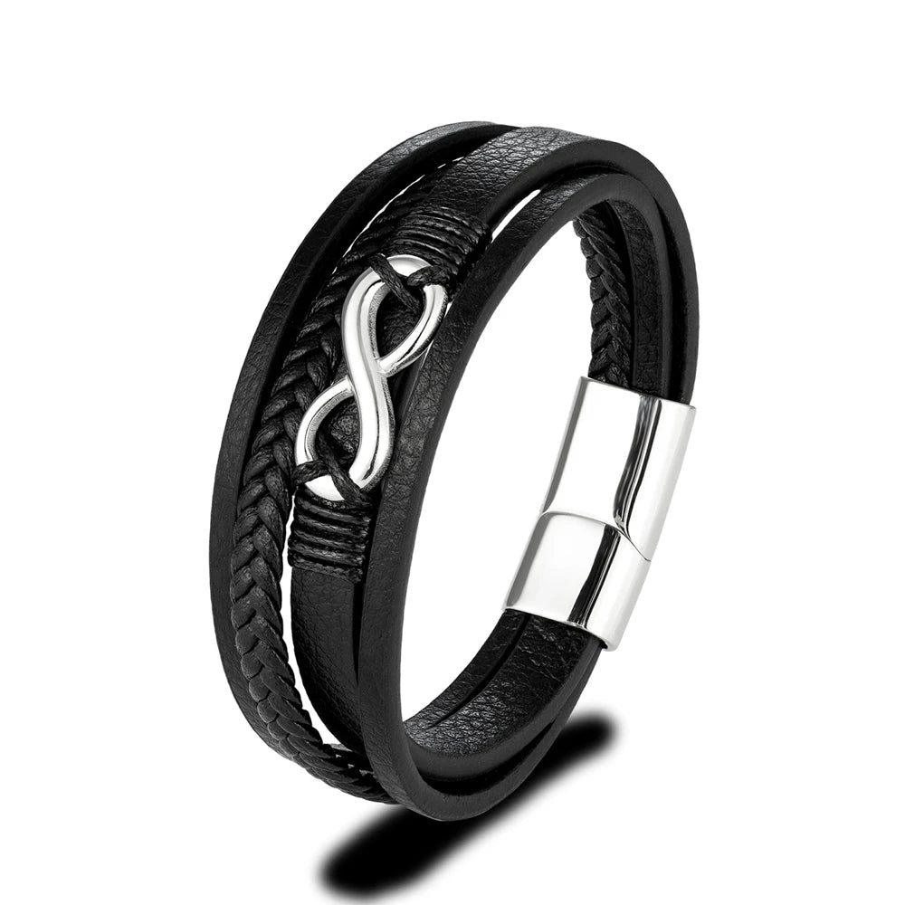 Classic Men Infinity Bracelet Woven Multilayer Braided Leather Bracelets For Women Black Stainless Steel Jewelry Gifts