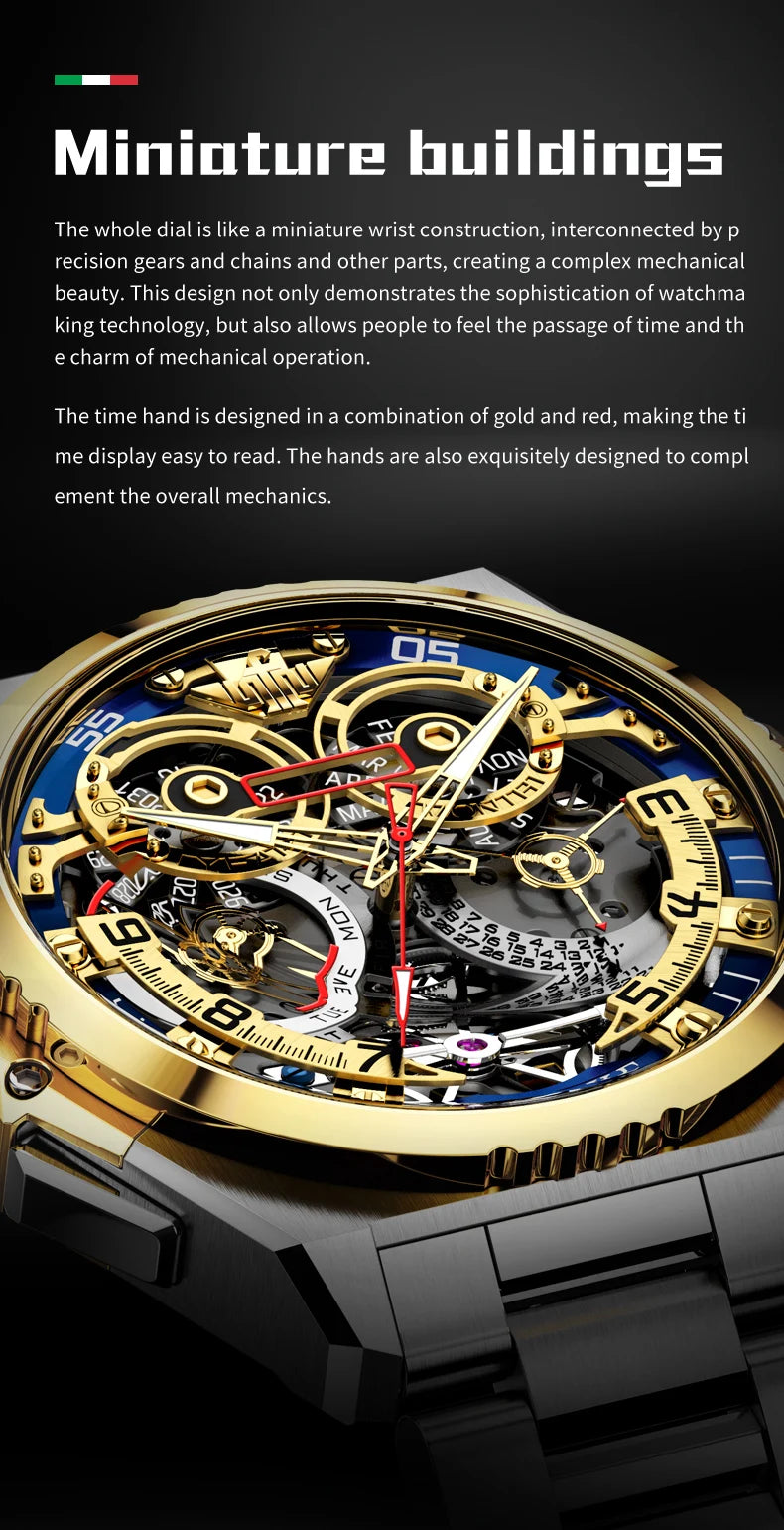 OUPINKE 3266 Luxury Hollow Men Automatic Mechanical Watch High Italian Designer Collaboration Design Date Timing Code Men Watch