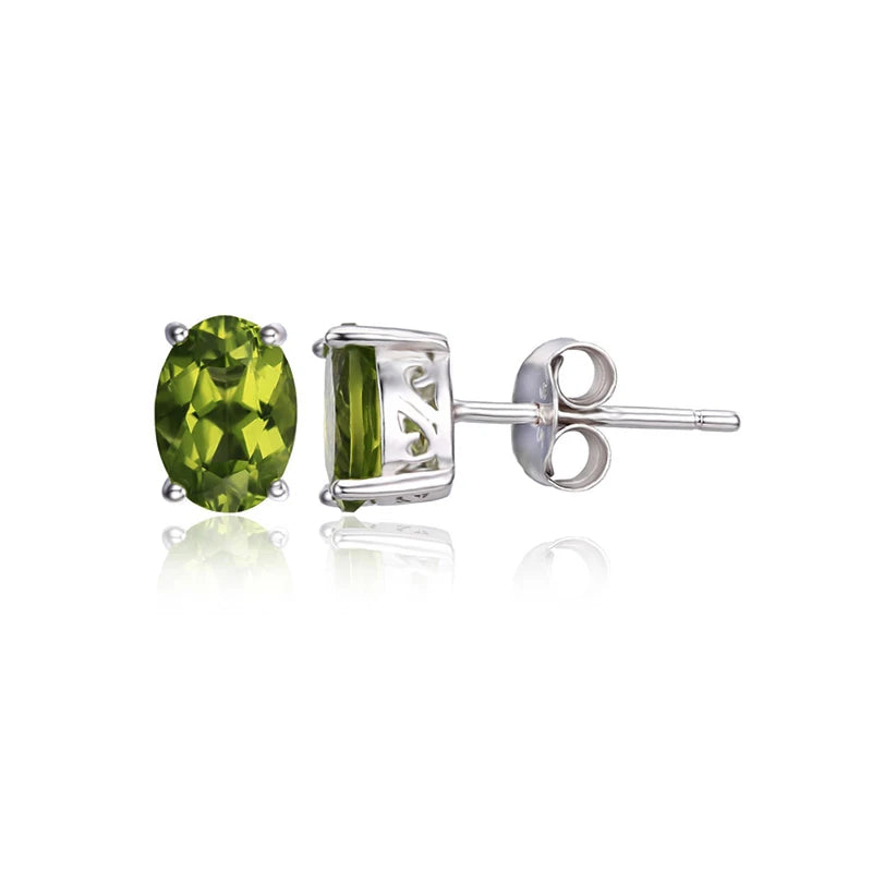 Silver Earrings Oval Natural Green Peridot Stud Earrings for Women Gemstone Earring Party Anniversary Gifts